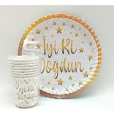 TABAK BARDAK SET 8 Lİ BEYAZ ÜZERİ GOLD İYİKİ DOĞDUN