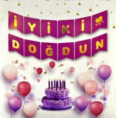 UZAR YAZI İYİ Kİ DOĞDUN MOR ÜZERİNE GOLD YAZI
