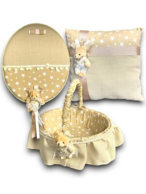 KREM AYICIKLI BEBEK SETİ 3’LÜ TAKIM YASTIK KAPI SÜSÜ SEPET
