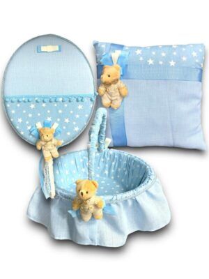 MAVİ AYICIKLI BEBEK SETİ 3’LÜ TAKIM YASTIK KAPI SÜSÜ SEPET