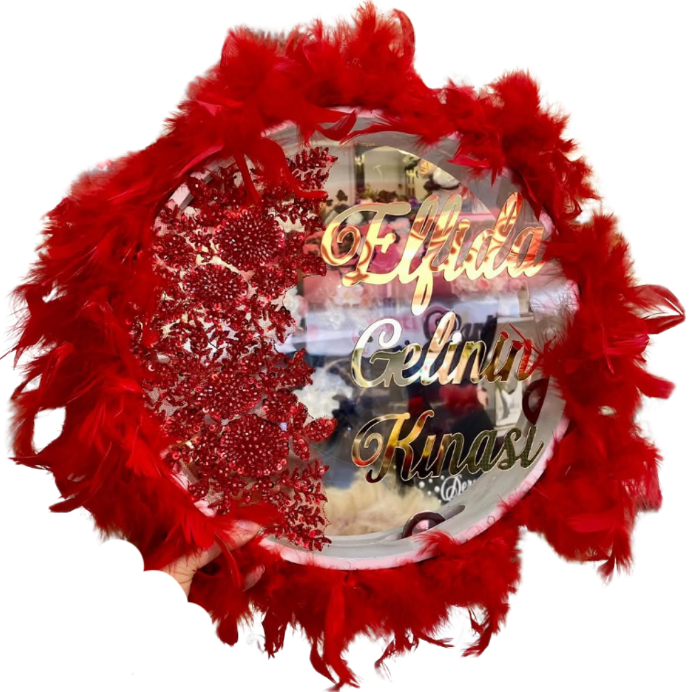 KIRMIZI TÜYLÜ DANTELLİ LÜKS GELİN KINA TEFİ