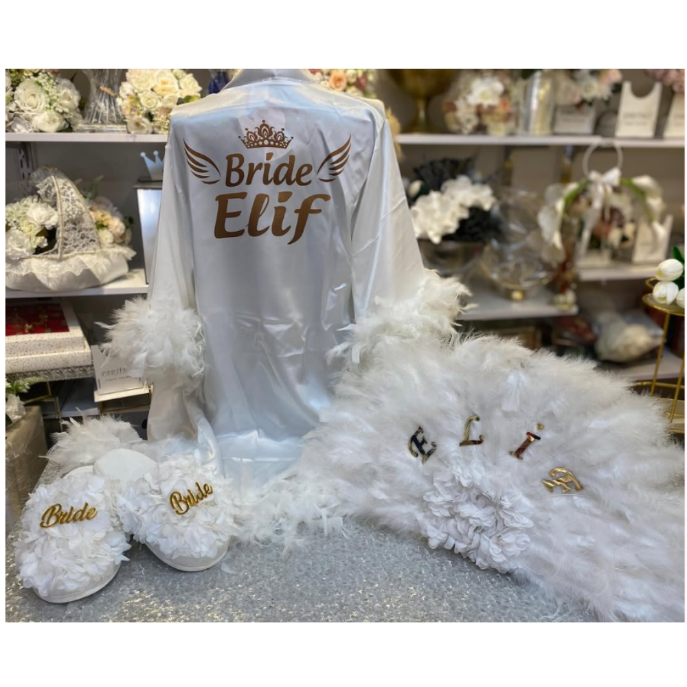 BRIDE SABAHLIK- TERLİK- YELPAZE SETİ İSME ÖZEL