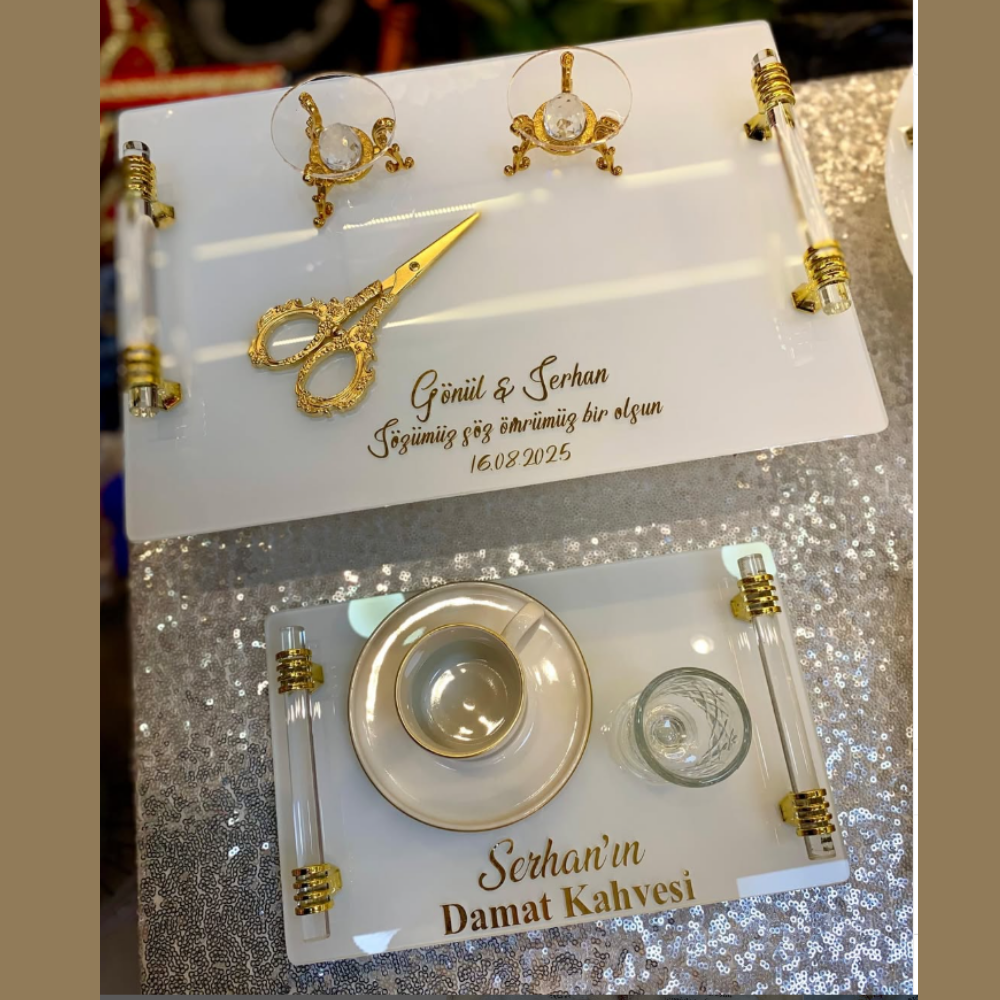 GOLD DİKDÖRTGEN CAM TEPSİ SETİ