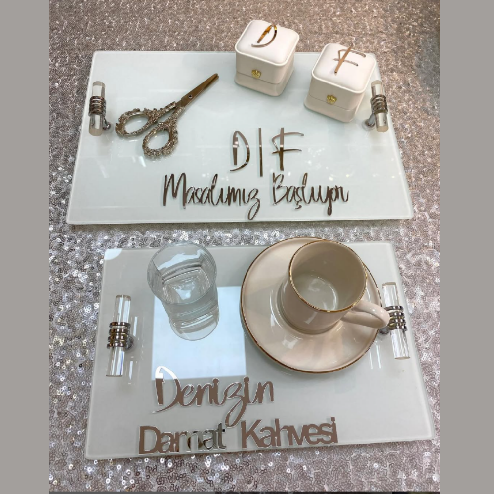 GÜMÜŞ DİKDÖRTGEN KISA KULP CAM TEPSİ SETİ