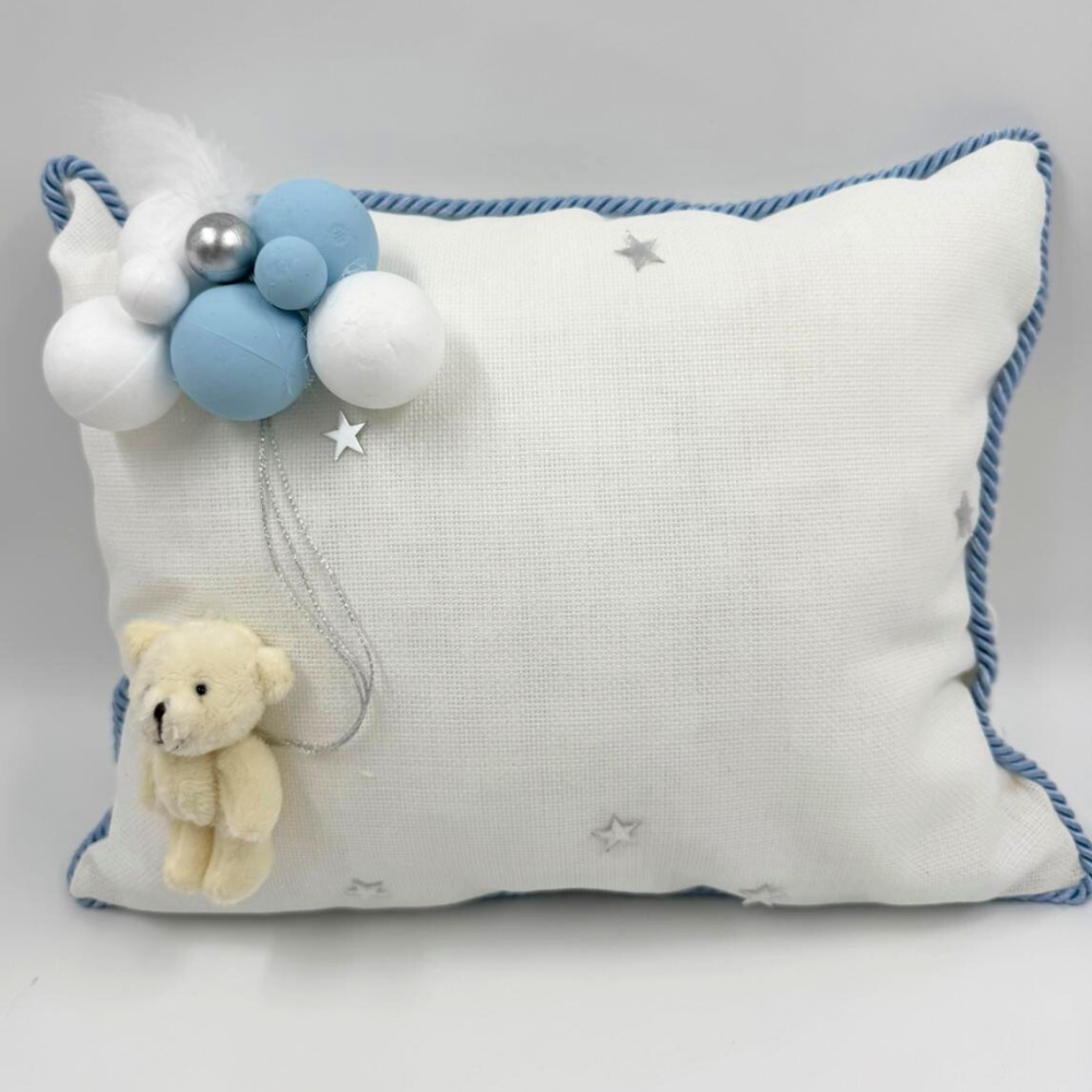 Bubble Ayıcık Takı Yastığı Dikdörtgen Kırık Beyaz- Mavi