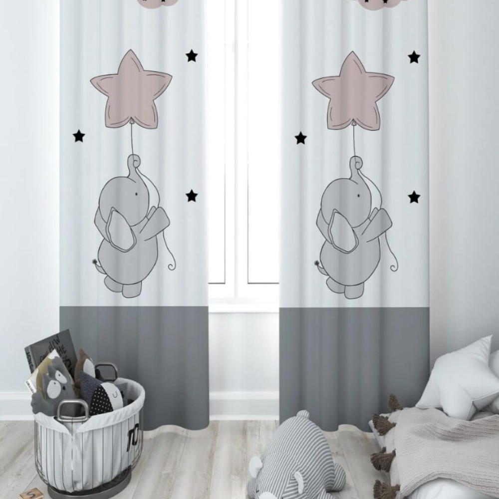 FİLLİ PEMBE YILDIZLI ÇOCUK ODASI FON PERDE