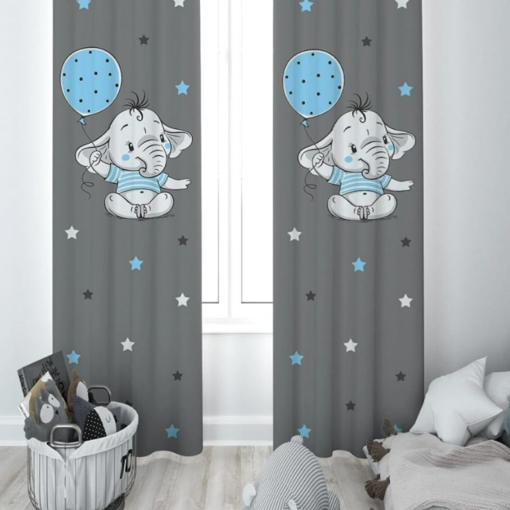 FİLLİ MAVİ BALONLU ÇOCUK ODASI FON PERDE