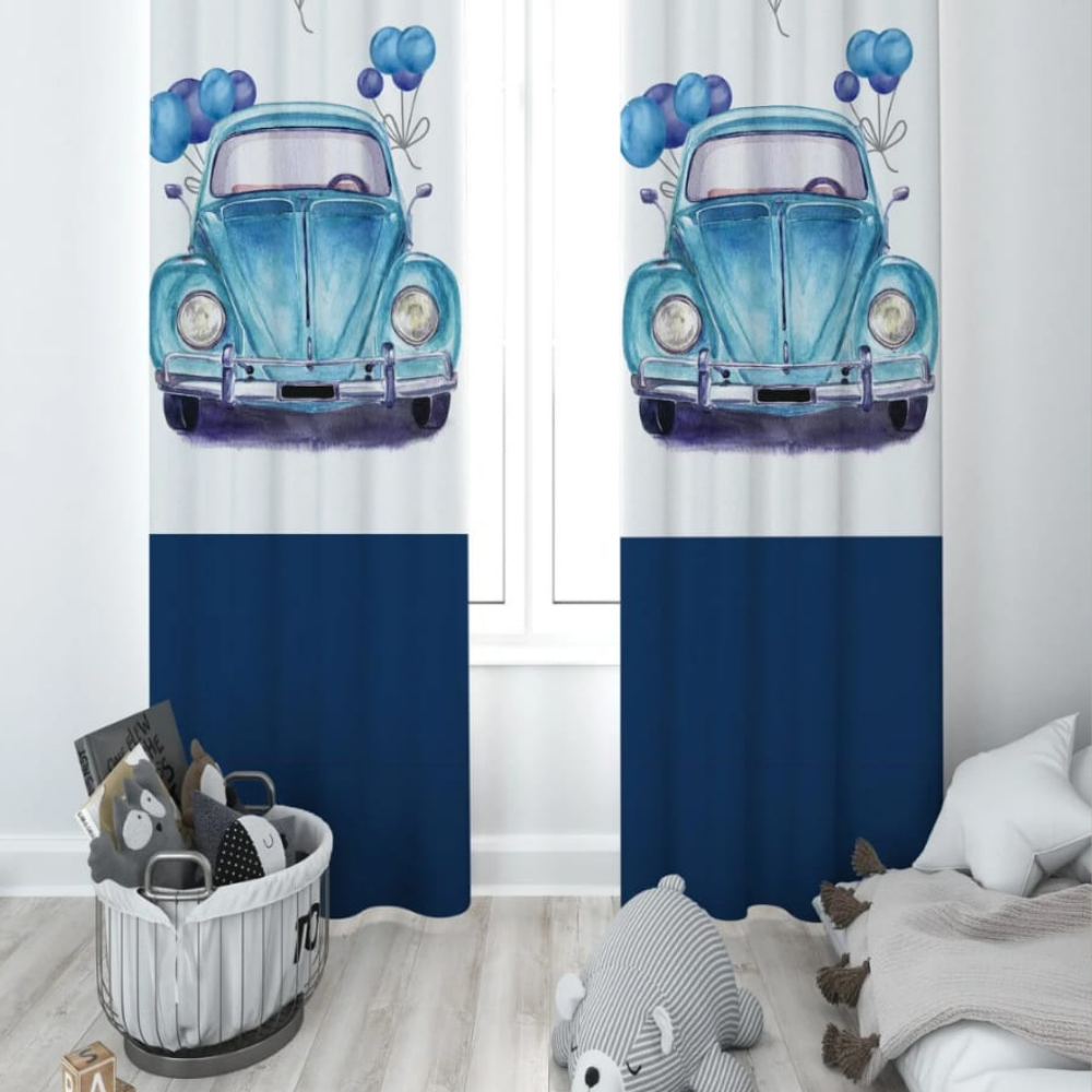 MAVİ ARABALI ÇOCUK ODASI FON PERDE