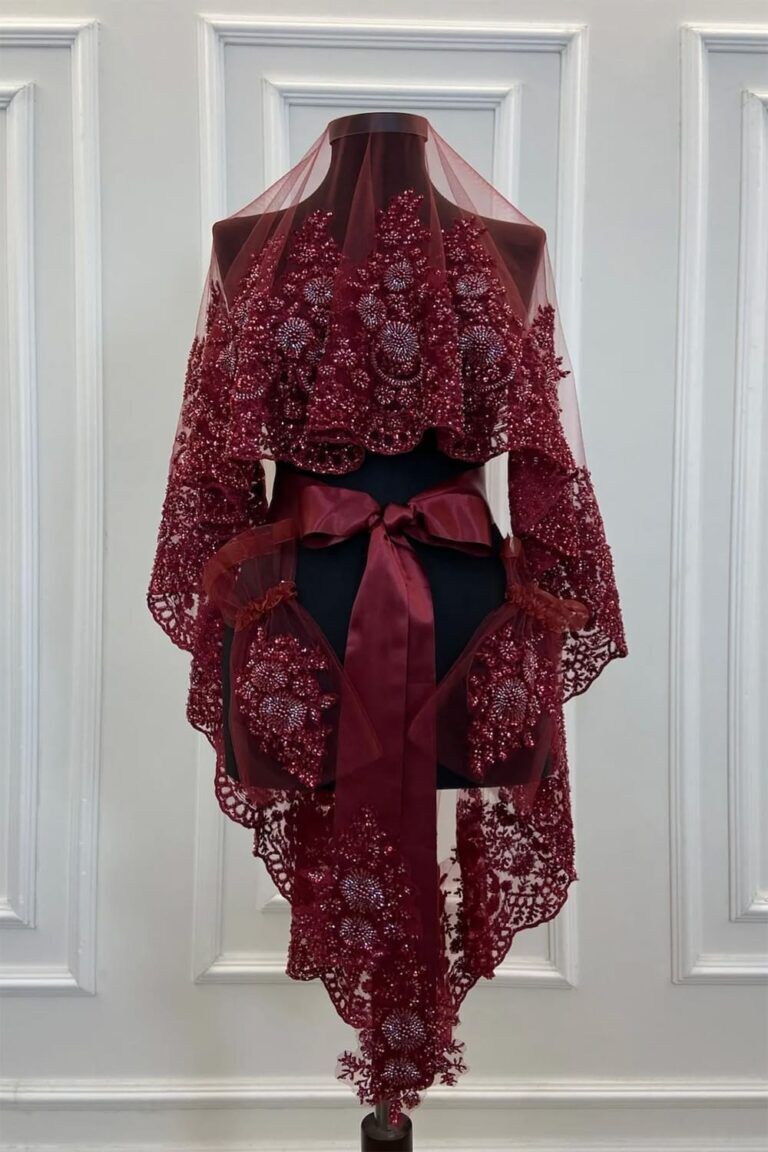 BORDO AĞIR BONCUK İŞLEMELİ DUVAK TAKIM