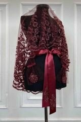 B75 BORDO YÜZ ÖRTÜSÜ ÇİÇEK TAŞ İŞLEMELİ DUVAK