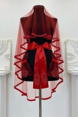 B70 KIRMIZI DUVAK YÜZ ÖRTÜSÜ İNCİ İŞLEMELİ