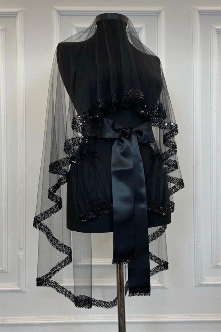 Siyah Pul Payetli Boncuklu Model Duvak 3’lü Set