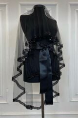 Siyah Pul Payetli Boncuklu Model Duvak 3’lü Set