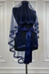 Lacivert Pul Payetli Boncuklu Model Duvak 3’lü Set