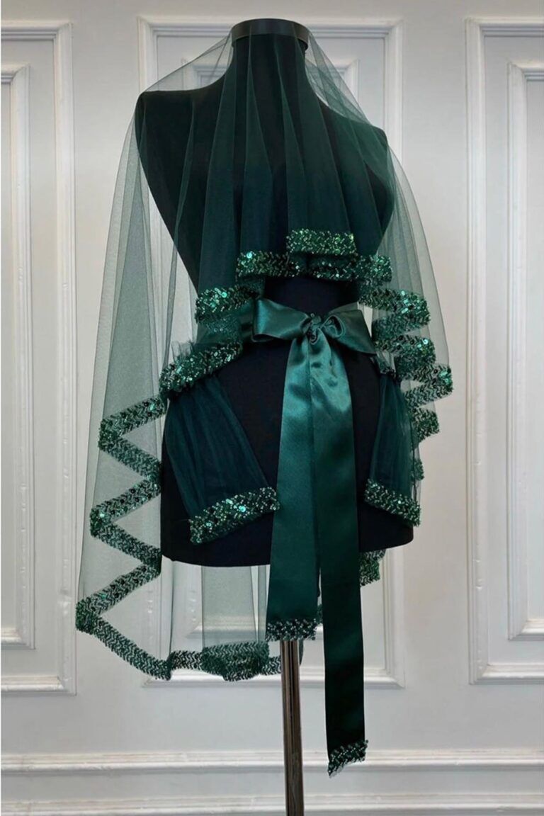 Yeşil Pul Payetli Boncuklu Model Duvak 3’lü Set