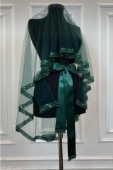 Yeşil Pul Payetli Boncuklu Model Duvak 3’lü Set